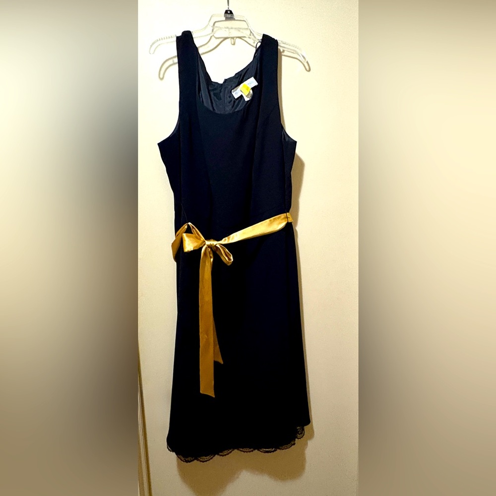 Beautiful black fit and flare dress with gold belt and gold lace at hemline